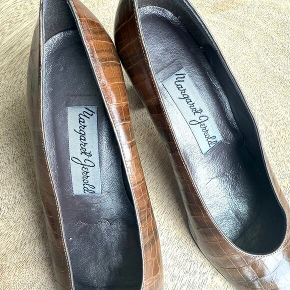 Margaret Jerrold Croc Embossed Leather Pumps Brown Square Toe Heels Size 8 - Picture 4 of 11